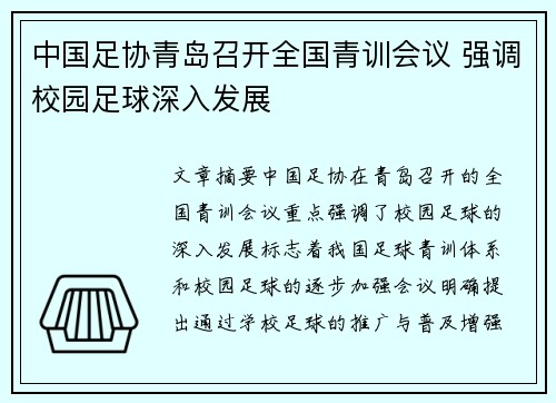 中国足协青岛召开全国青训会议 强调校园足球深入发展